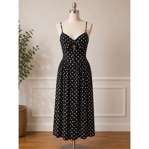 Xhilaration Polka Dot Dress Womens M Black Rayon Nylon Sun Dress Midi Retro